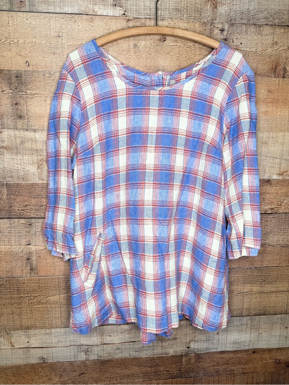 Flax Tunic Top Womens M Blue Orange Plaid 3/4 Sleeve 100% Linen Lagenlook Artsy